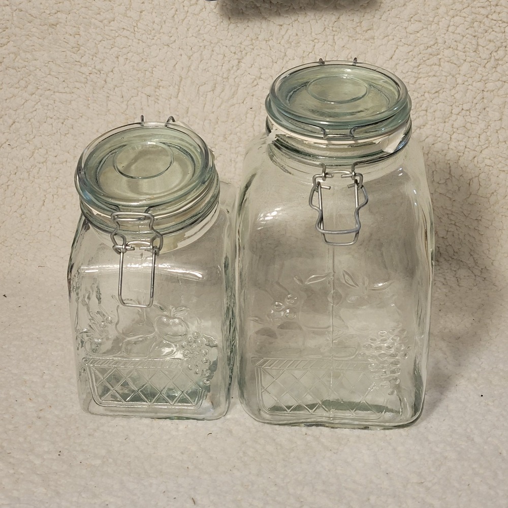 Nature's Bounty Glass Canister Jar Set Fruit Embossed Wire Bail‎ Lids Vintage